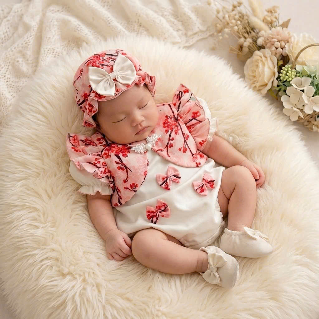 Cheongsam Romper – Peach Blossom Newborn–2 Years | Floral Baby Romper with Matching Bonnet & Baby Shoes | Lunar New Year Outfit