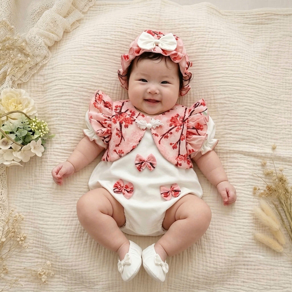 Cheongsam Romper – Peach Blossom Newborn–2 Years | Floral Baby Romper with Matching Bonnet & Baby Shoes | Lunar New Year Outfit