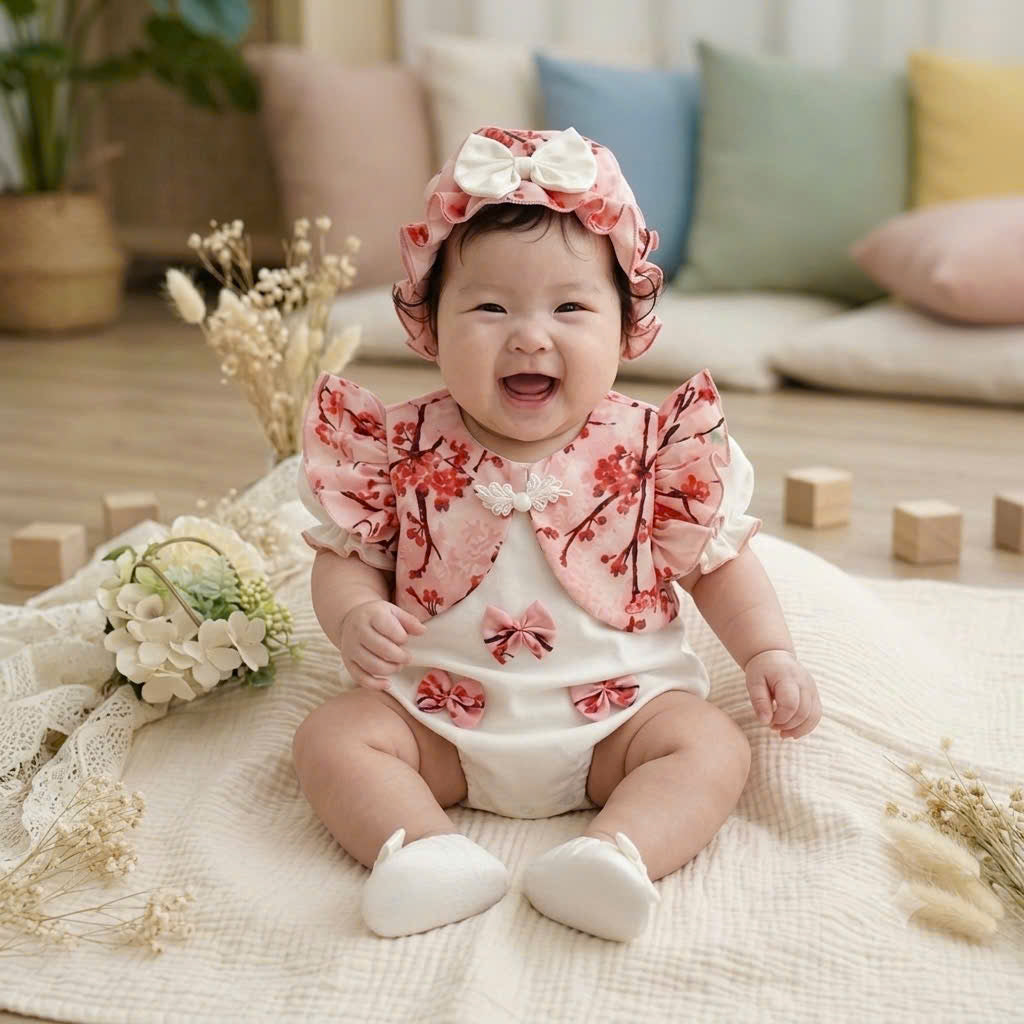 Cheongsam Romper – Peach Blossom Newborn–2 Years | Floral Baby Romper with Matching Bonnet & Baby Shoes | Lunar New Year Outfit