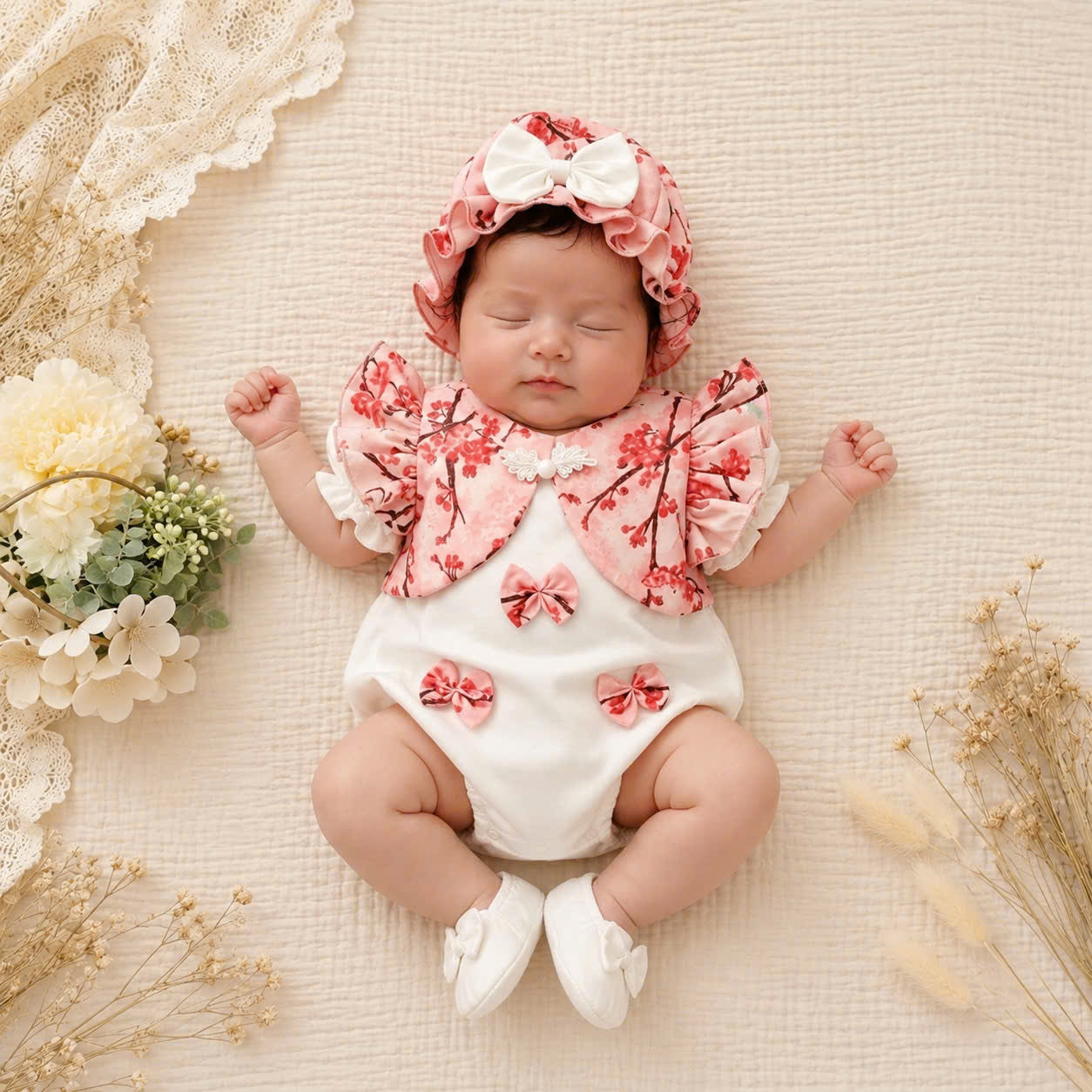 Cheongsam Romper – Peach Blossom Newborn–2 Years | Floral Baby Romper with Matching Bonnet & Baby Shoes | Lunar New Year Outfit