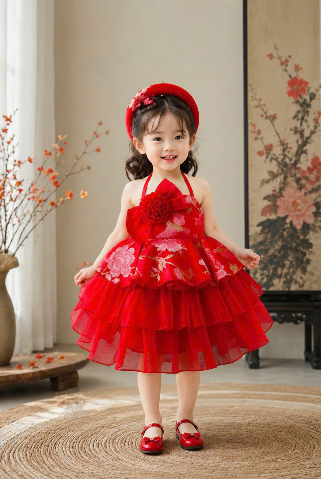 Vietnamese Yếm Halter Dress – Golden Thread Brocade (1–6 Years) | Traditional Festival Dress for Girls | Matching Soft Mấn Included