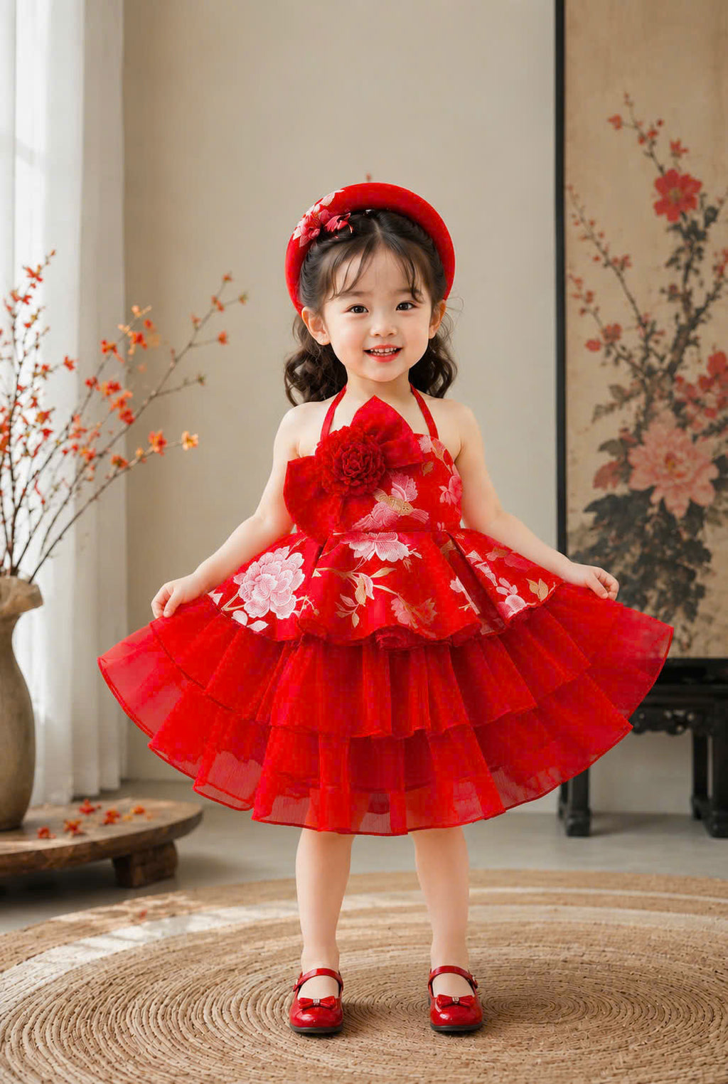 Vietnamese Yếm Halter Dress – Golden Thread Brocade (1–6 Years) | Traditional Festival Dress for Girls | Matching Soft Mấn Included