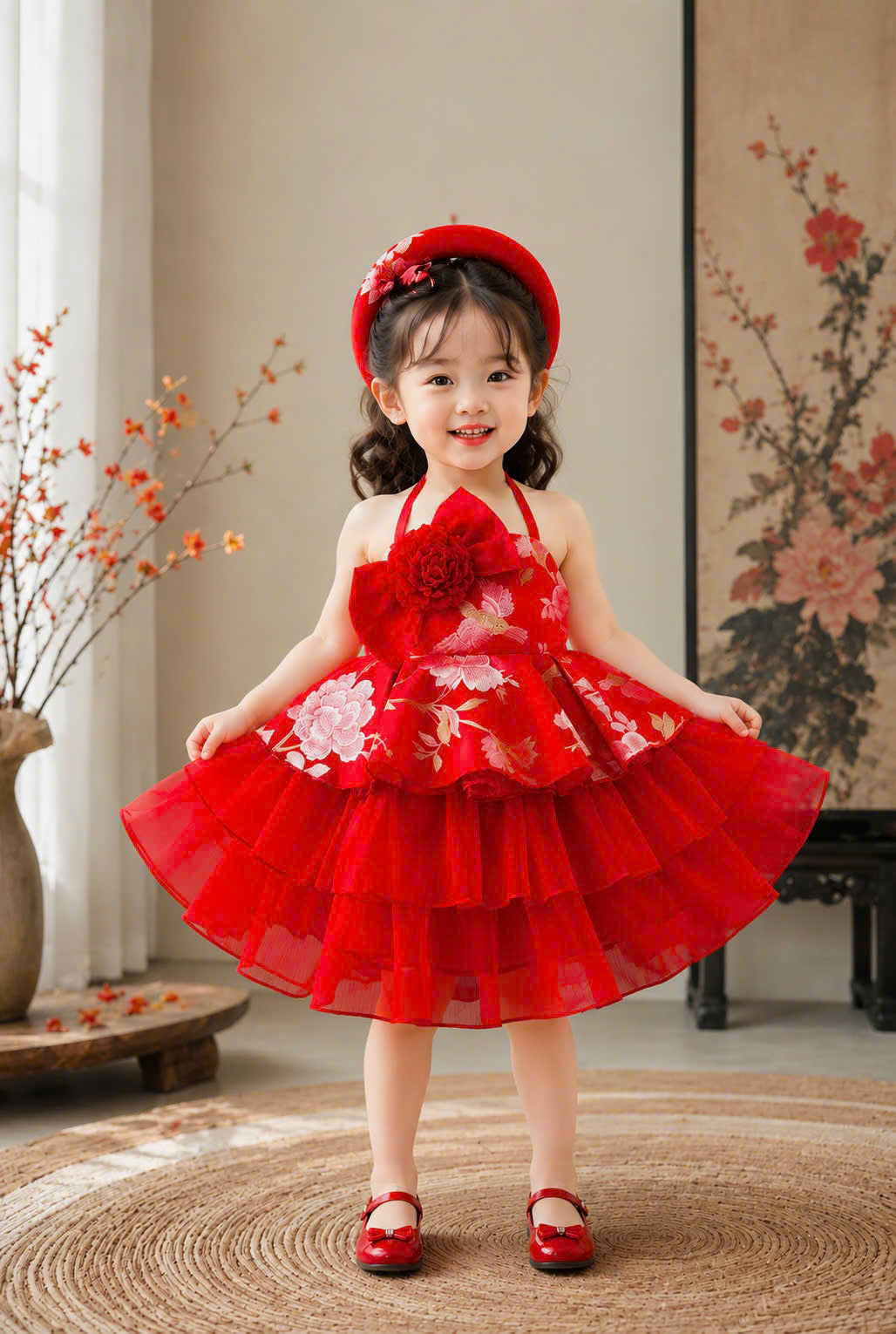 Vietnamese Yếm Halter Dress – Golden Thread Brocade (1–6 Years) | Traditional Festival Dress for Girls | Matching Soft Mấn Included