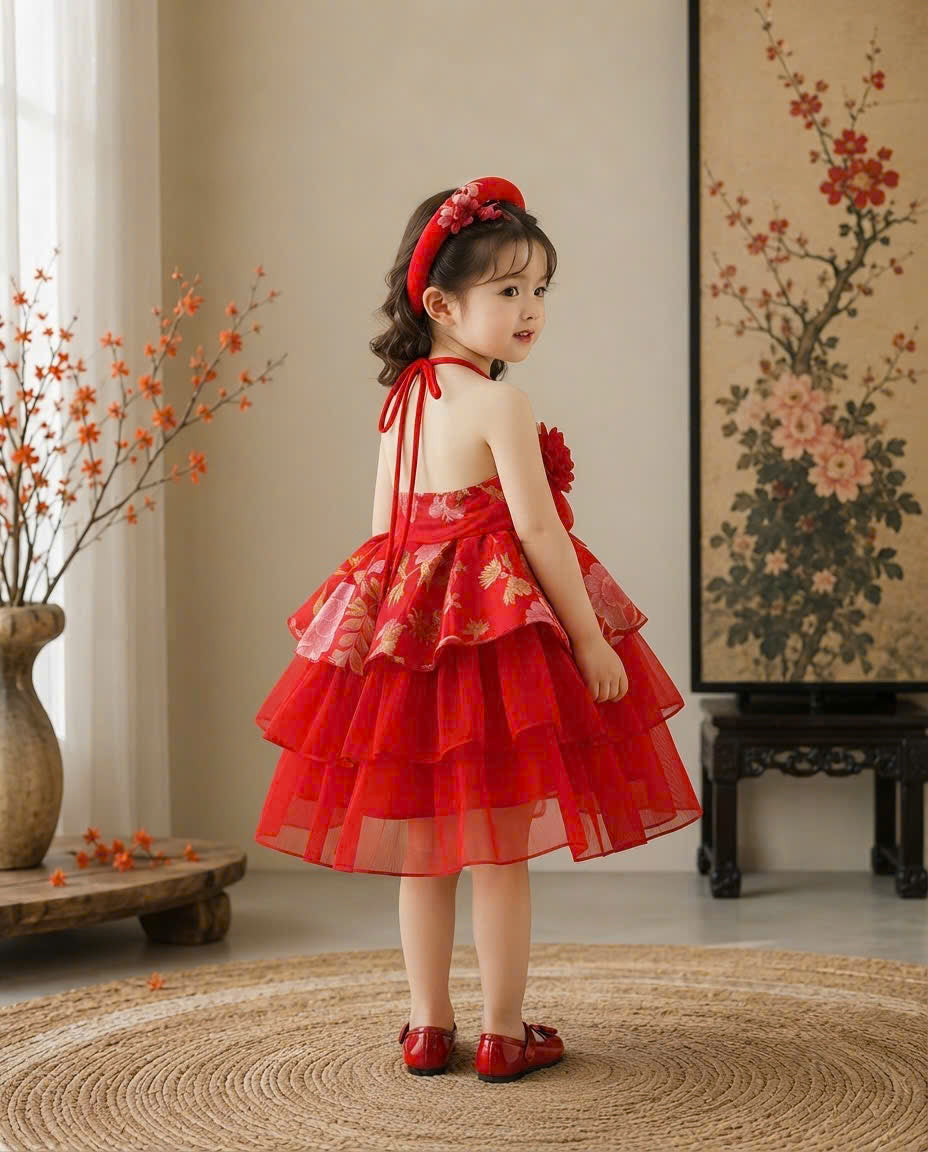 Vietnamese Yếm Halter Dress – Golden Thread Brocade (1–6 Years) | Traditional Festival Dress for Girls | Matching Soft Mấn Included