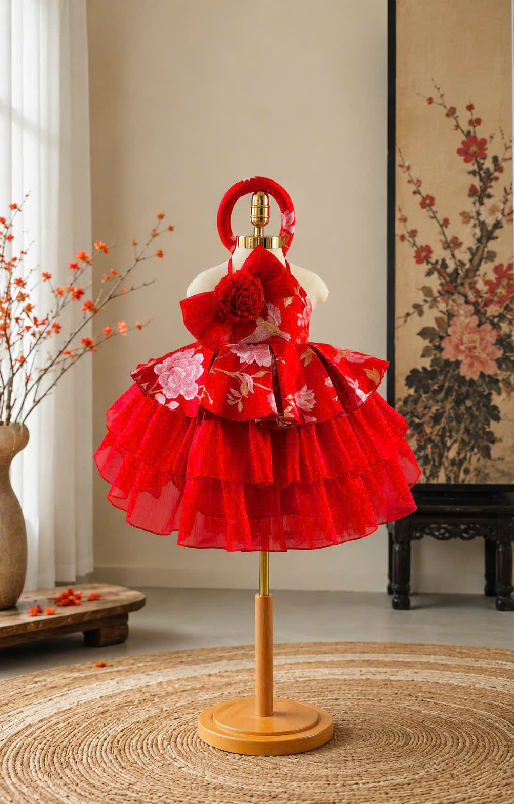 Vietnamese Yếm Halter Dress – Golden Thread Brocade (1–6 Years) | Traditional Festival Dress for Girls | Matching Soft Mấn Included