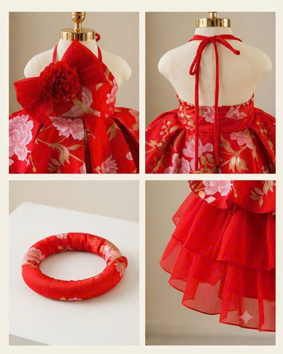 Vietnamese Yếm Halter Dress – Golden Thread Brocade (1–6 Years) | Traditional Festival Dress for Girls | Matching Soft Mấn Included