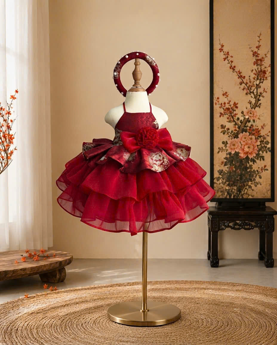 Vietnamese Yếm Halter Dress – Scarlet Radiance (1–6 Years) | Traditional Festival Dress for Girls | Matching Pearl Soft Mấn Included