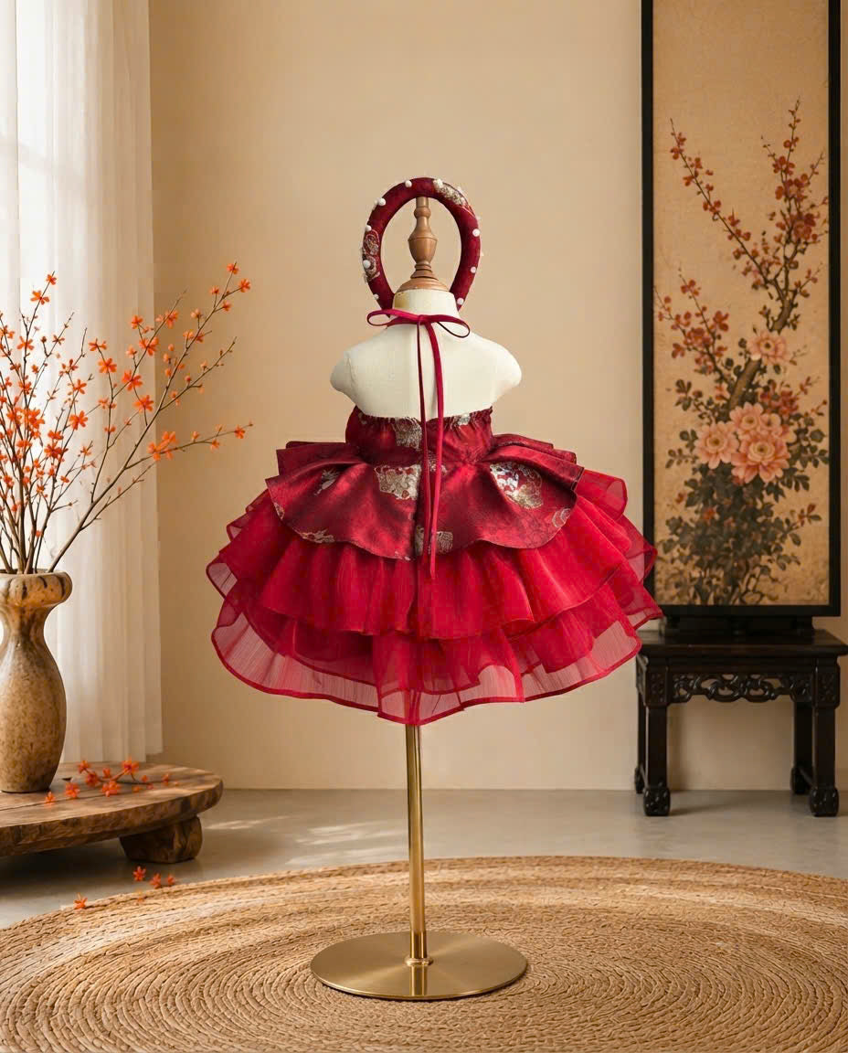 Vietnamese Yếm Halter Dress – Scarlet Radiance (1–6 Years) | Traditional Festival Dress for Girls | Matching Pearl Soft Mấn Included