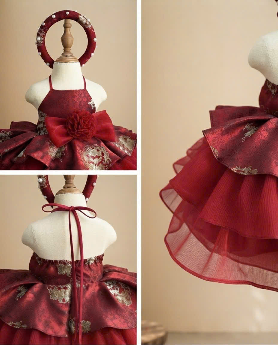 Vietnamese Yếm Halter Dress – Scarlet Radiance (1–6 Years) | Traditional Festival Dress for Girls | Matching Pearl Soft Mấn Included