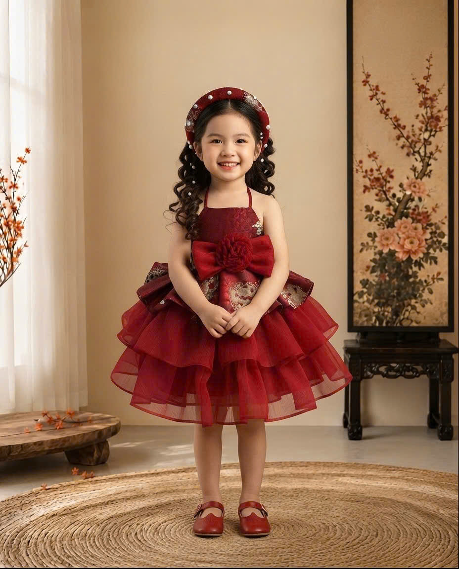 Vietnamese Yếm Halter Dress – Scarlet Radiance (1–6 Years) | Traditional Festival Dress for Girls | Matching Pearl Soft Mấn Included