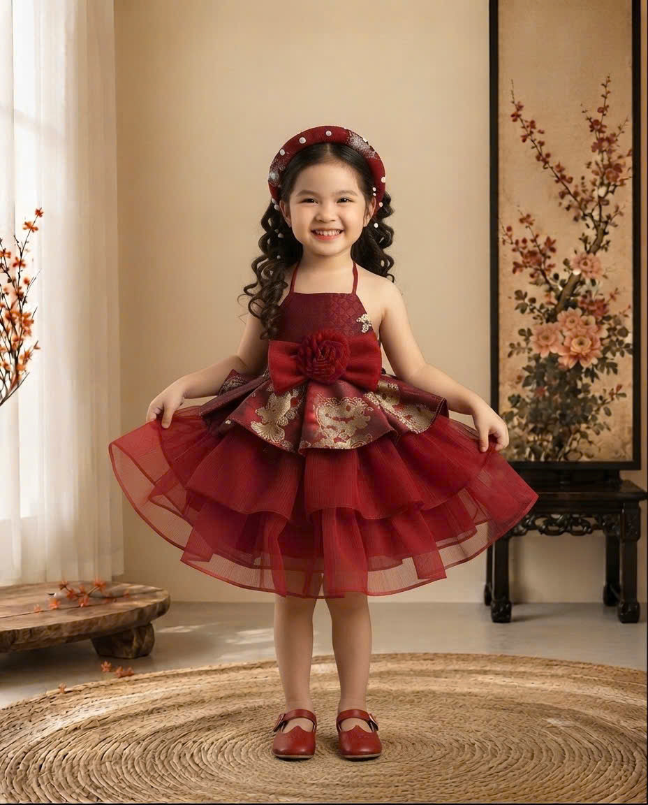 Vietnamese Yếm Halter Dress – Scarlet Radiance (1–6 Years) | Traditional Festival Dress for Girls | Matching Pearl Soft Mấn Included