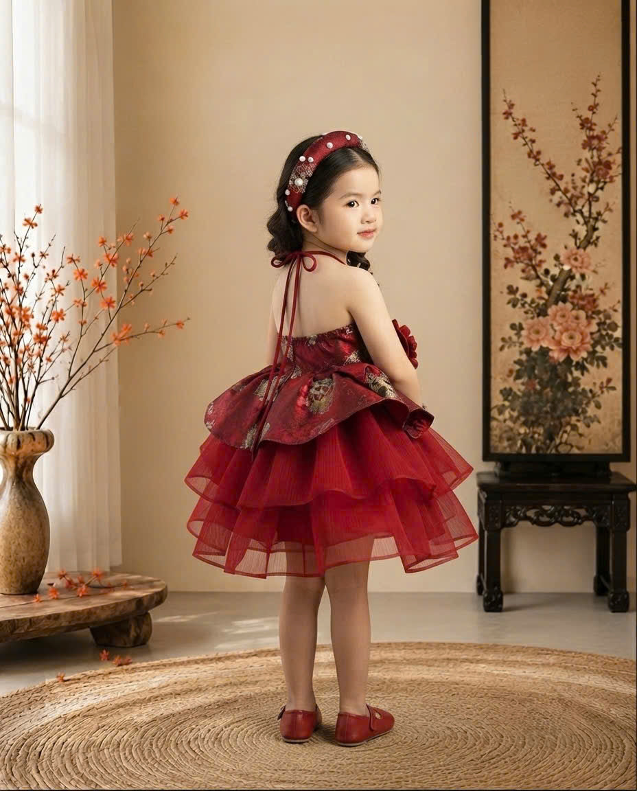 Vietnamese Yếm Halter Dress – Scarlet Radiance (1–6 Years) | Traditional Festival Dress for Girls | Matching Pearl Soft Mấn Included