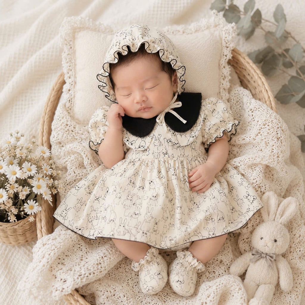 Bunny Sketch Muslin Romper Dress with Bonnet Newborn–2 Years | Vintage Peter Pan Collar Baby Outfit