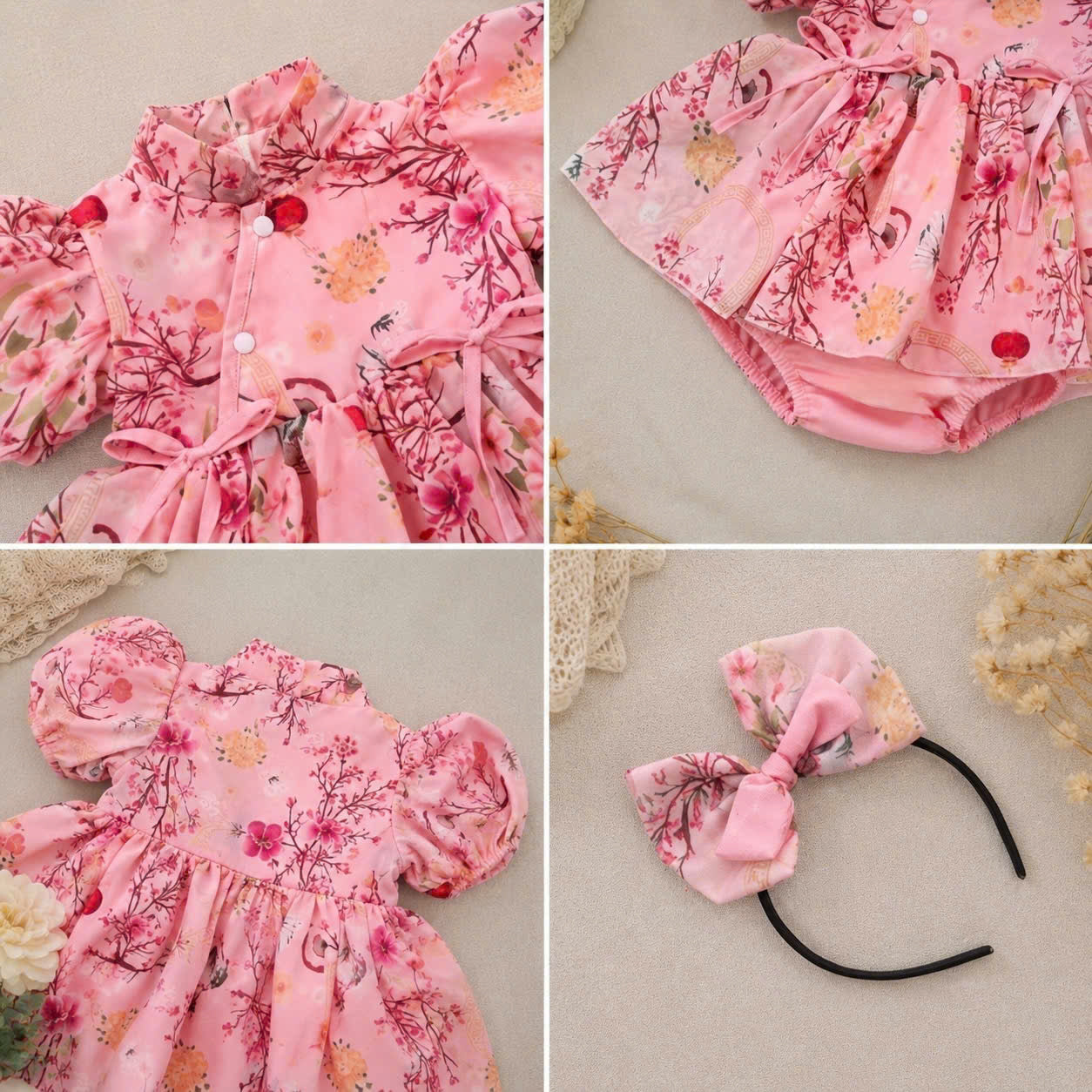 Cheongsam Romper Dress – Pink Blossom Newborn–2Years | Floral Baby Romper with Matching Bow Headband | Lunar New Year Outfit