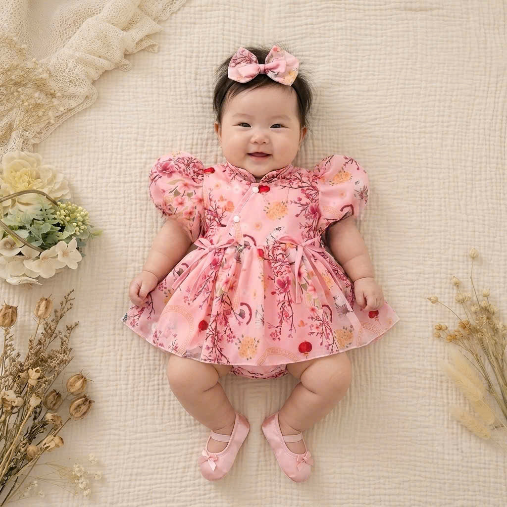 Cheongsam Romper Dress – Pink Blossom Newborn–2Years | Floral Baby Romper with Matching Bow Headband | Lunar New Year Outfit