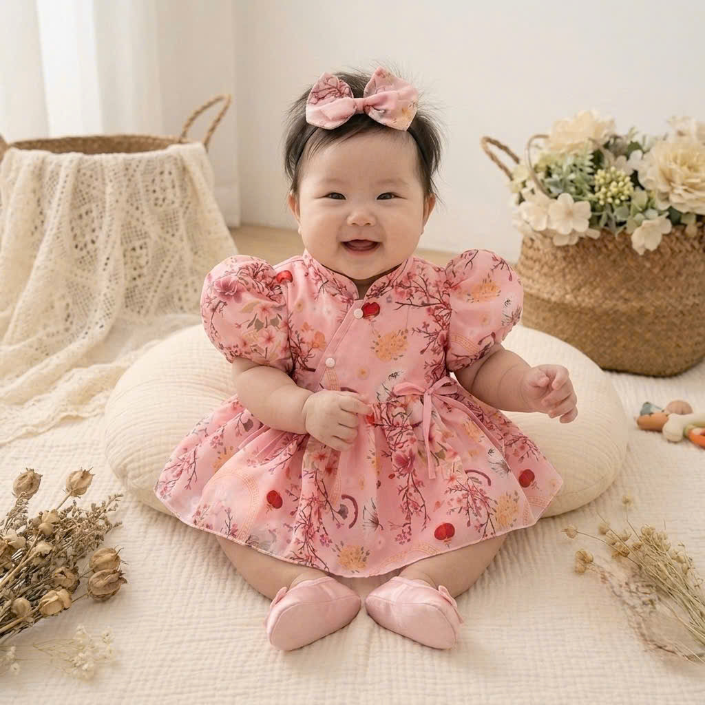Cheongsam Romper Dress – Pink Blossom Newborn–2Years | Floral Baby Romper with Matching Bow Headband | Lunar New Year Outfit