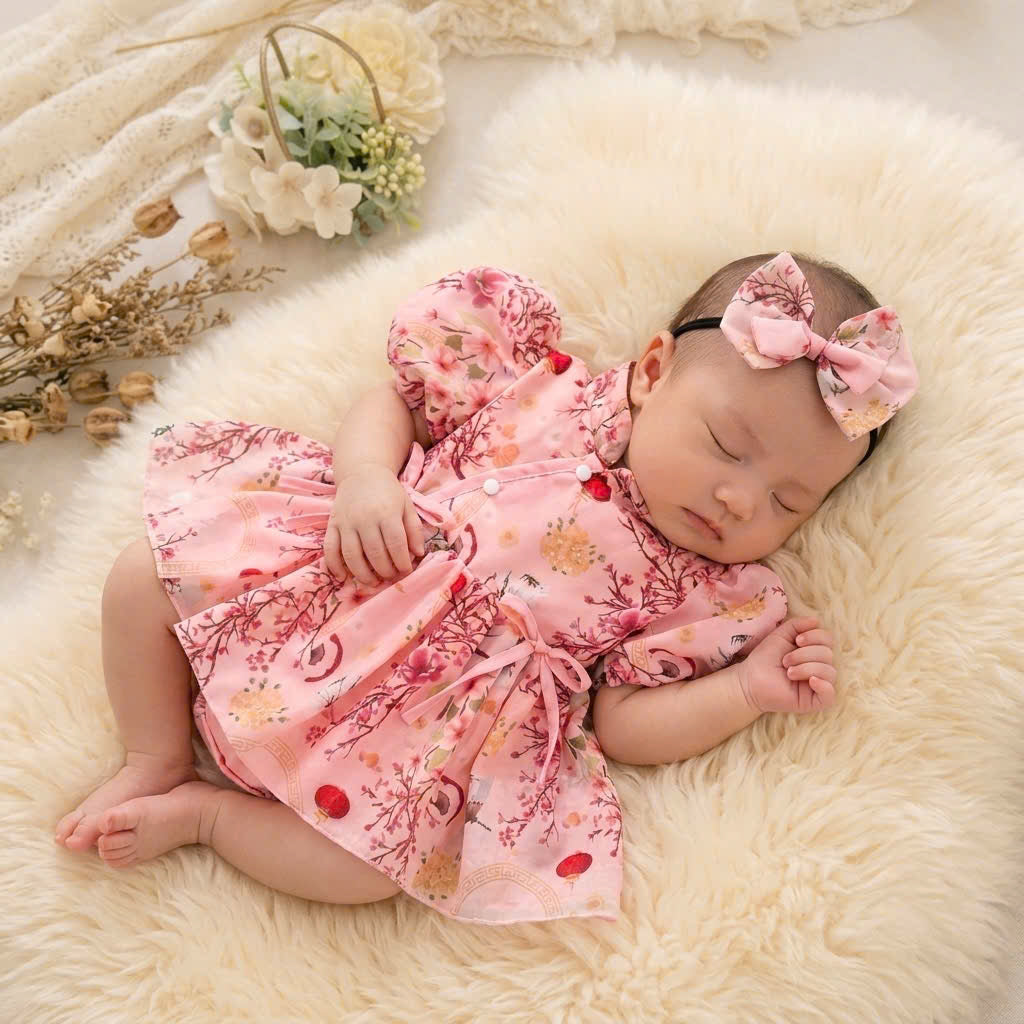 Cheongsam Romper Dress – Pink Blossom Newborn–2Years | Floral Baby Romper with Matching Bow Headband | Lunar New Year Outfit