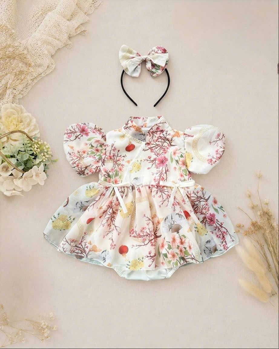 Cheongsam Romper Dress – Ivory Blossom Newborn–2Years | Floral Baby Romper with Matching Bow Headband | Lunar New Year Outfit