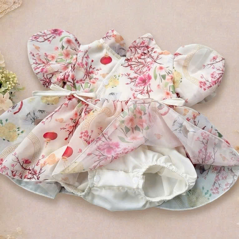 Cheongsam Romper Dress – Ivory Blossom Newborn–2Years | Floral Baby Romper with Matching Bow Headband | Lunar New Year Outfit