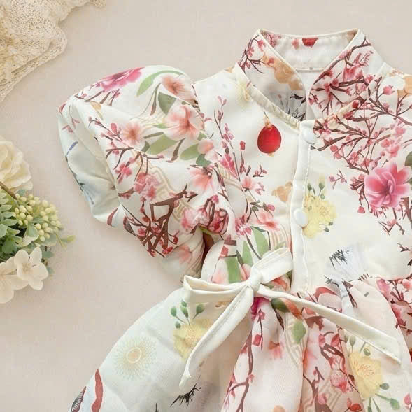 Cheongsam Romper Dress – Ivory Blossom Newborn–2Years | Floral Baby Romper with Matching Bow Headband | Lunar New Year Outfit