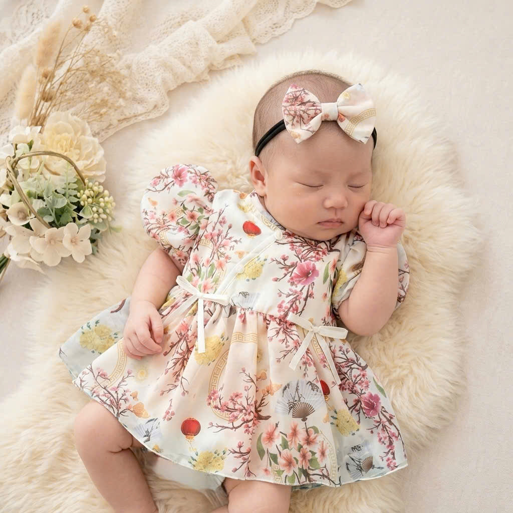 Cheongsam Romper Dress – Ivory Blossom Newborn–2Years | Floral Baby Romper with Matching Bow Headband | Lunar New Year Outfit
