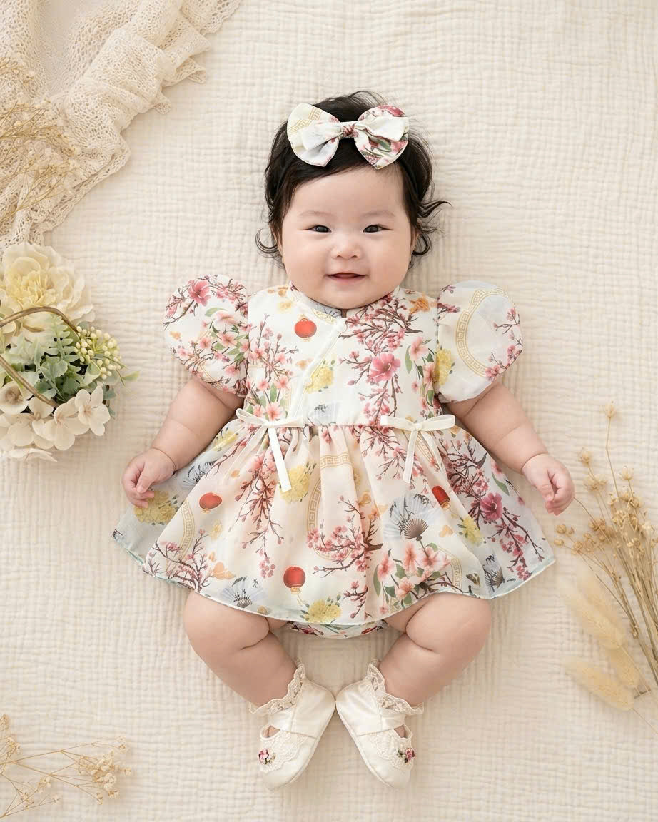 Cheongsam Romper Dress – Ivory Blossom Newborn–2Years | Floral Baby Romper with Matching Bow Headband | Lunar New Year Outfit