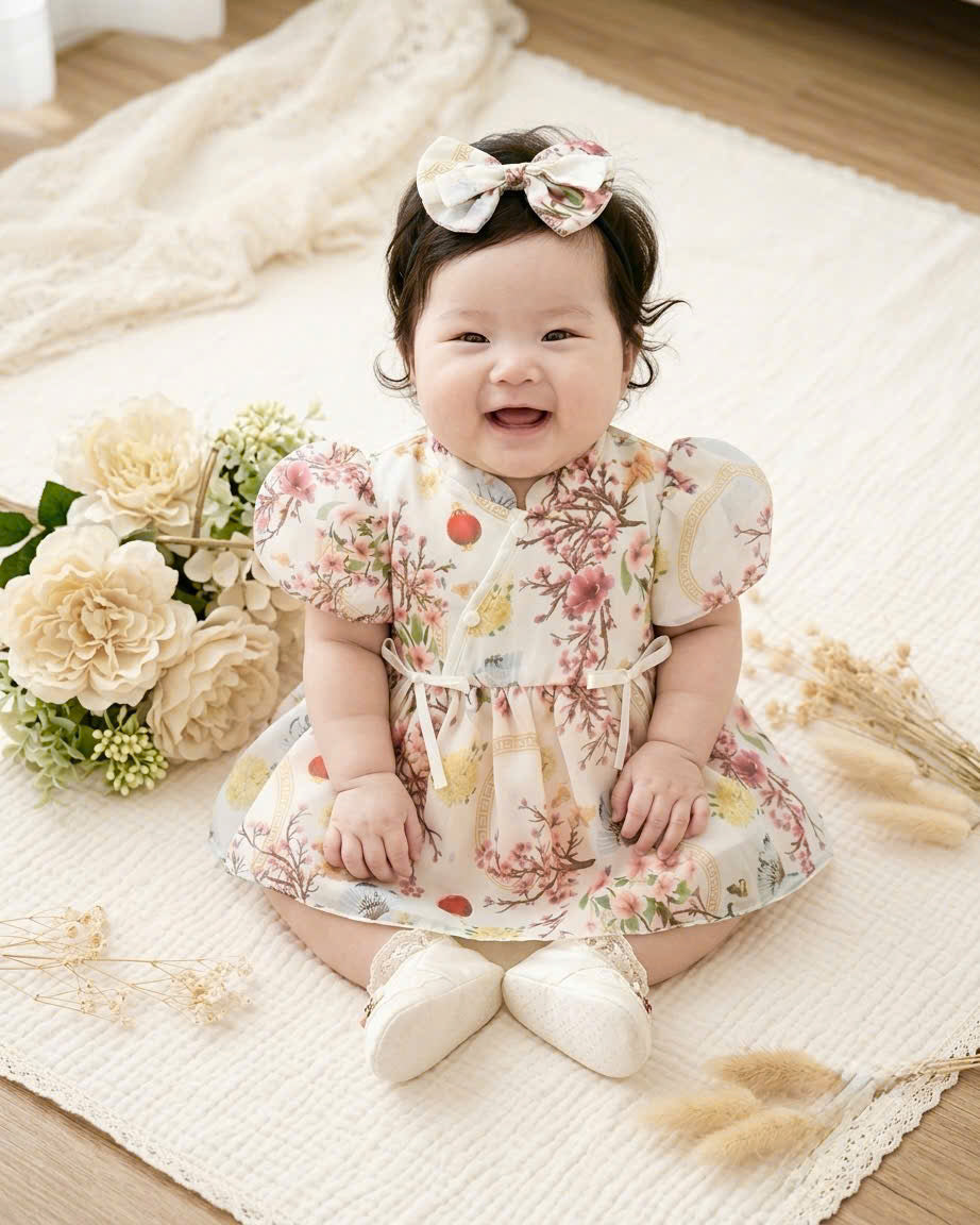 Cheongsam Romper Dress – Ivory Blossom Newborn–2Years | Floral Baby Romper with Matching Bow Headband | Lunar New Year Outfit