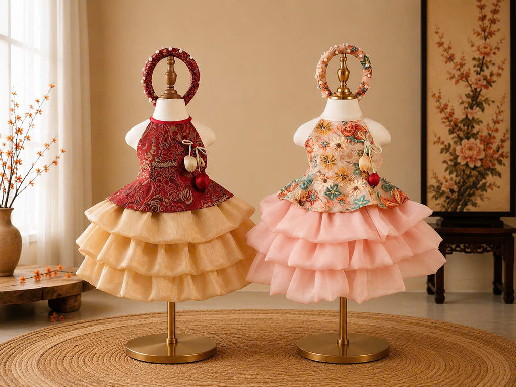 Vietnamese Yếm Halter Top & Skirt Set – Golden Blossom & Pastel Petal Blossom (1–6 Years) | Traditional Festival Outfit for Girls | Matching Floral Pearl Detail Soft Mấn Included