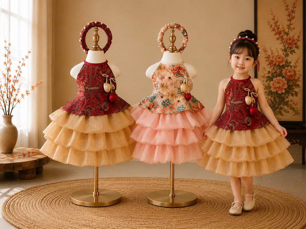 Vietnamese Yếm Halter Top & Skirt Set – Golden Blossom & Pastel Petal Blossom (1–6 Years) | Traditional Festival Outfit for Girls | Matching Floral Pearl Detail Soft Mấn Included