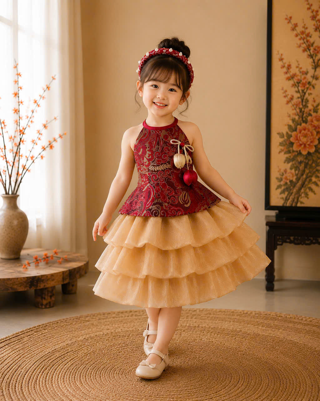 Vietnamese Yếm Halter Top & Skirt Set – Golden Blossom & Pastel Petal Blossom (1–6 Years) | Traditional Festival Outfit for Girls | Matching Floral Pearl Detail Soft Mấn Included