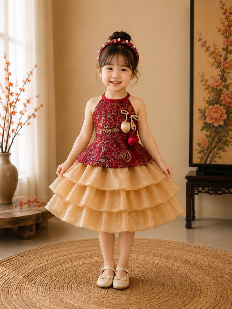 Vietnamese Yếm Halter Top & Skirt Set – Golden Blossom & Pastel Petal Blossom (1–6 Years) | Traditional Festival Outfit for Girls | Matching Floral Pearl Detail Soft Mấn Included