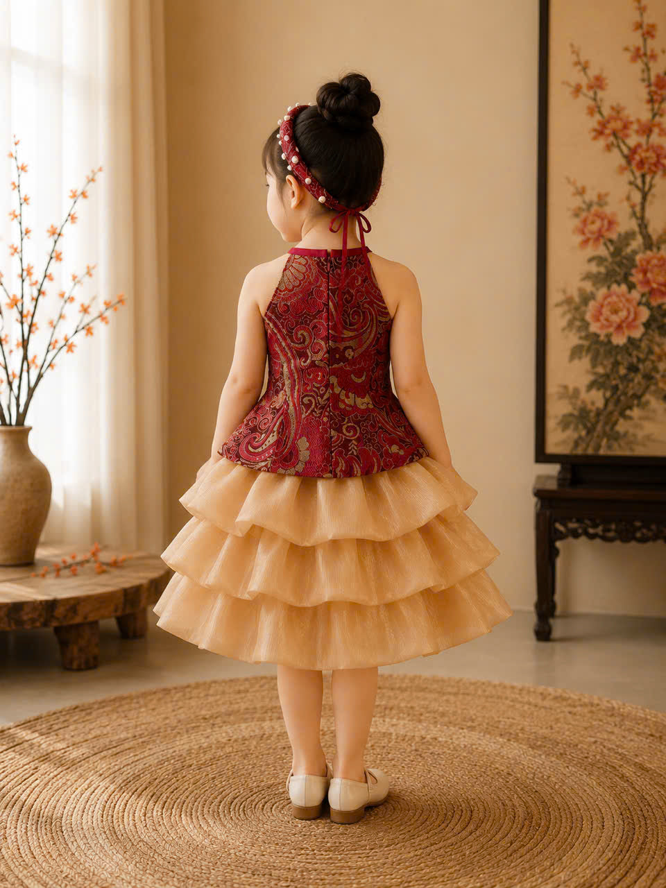 Vietnamese Yếm Halter Top & Skirt Set – Golden Blossom & Pastel Petal Blossom (1–6 Years) | Traditional Festival Outfit for Girls | Matching Floral Pearl Detail Soft Mấn Included