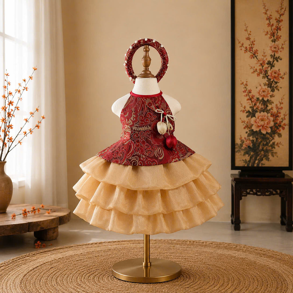 Vietnamese Yếm Halter Top & Skirt Set – Golden Blossom & Pastel Petal Blossom (1–6 Years) | Traditional Festival Outfit for Girls | Matching Floral Pearl Detail Soft Mấn Included