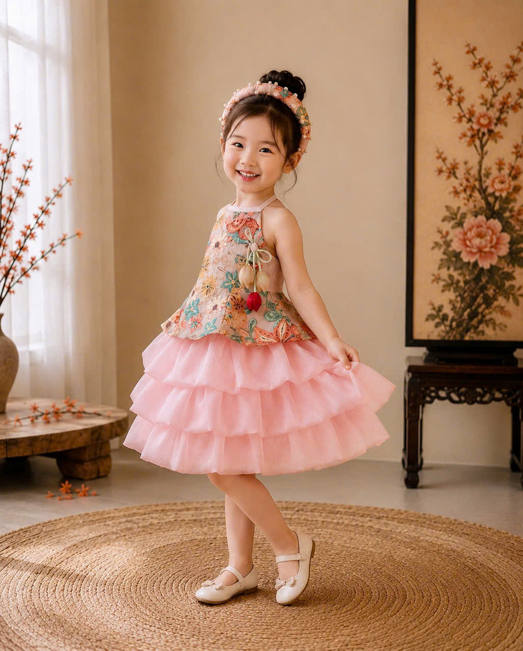 Vietnamese Yếm Halter Top & Skirt Set – Golden Blossom & Pastel Petal Blossom (1–6 Years) | Traditional Festival Outfit for Girls | Matching Floral Pearl Detail Soft Mấn Included