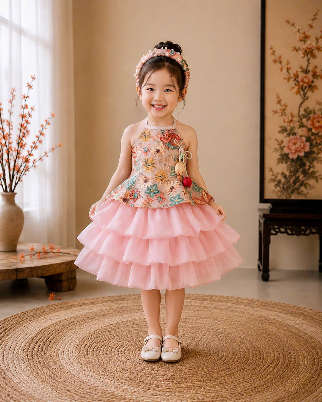 Vietnamese Yếm Halter Top & Skirt Set – Golden Blossom & Pastel Petal Blossom (1–6 Years) | Traditional Festival Outfit for Girls | Matching Floral Pearl Detail Soft Mấn Included