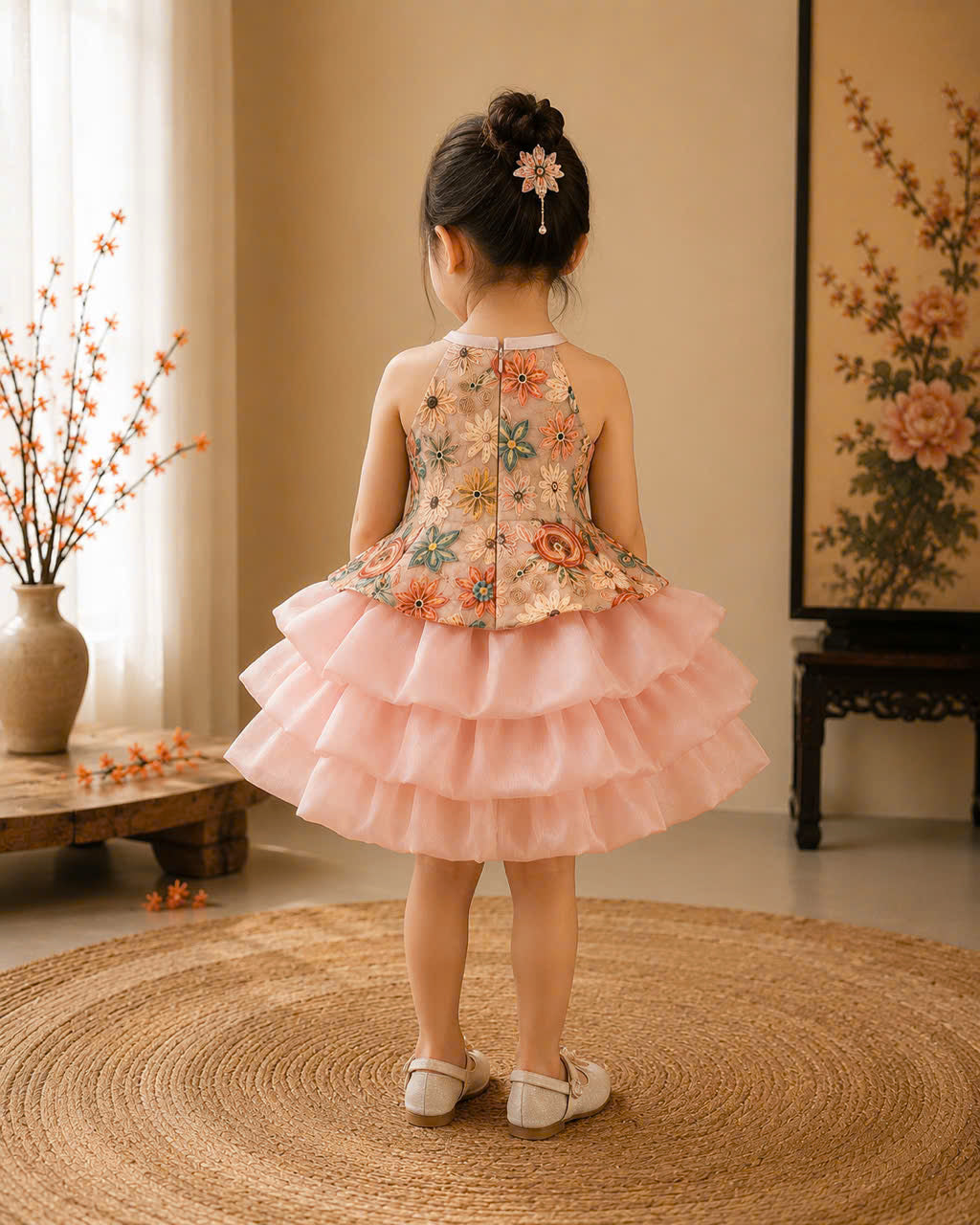 Vietnamese Yếm Halter Top & Skirt Set – Golden Blossom & Pastel Petal Blossom (1–6 Years) | Traditional Festival Outfit for Girls | Matching Floral Pearl Detail Soft Mấn Included