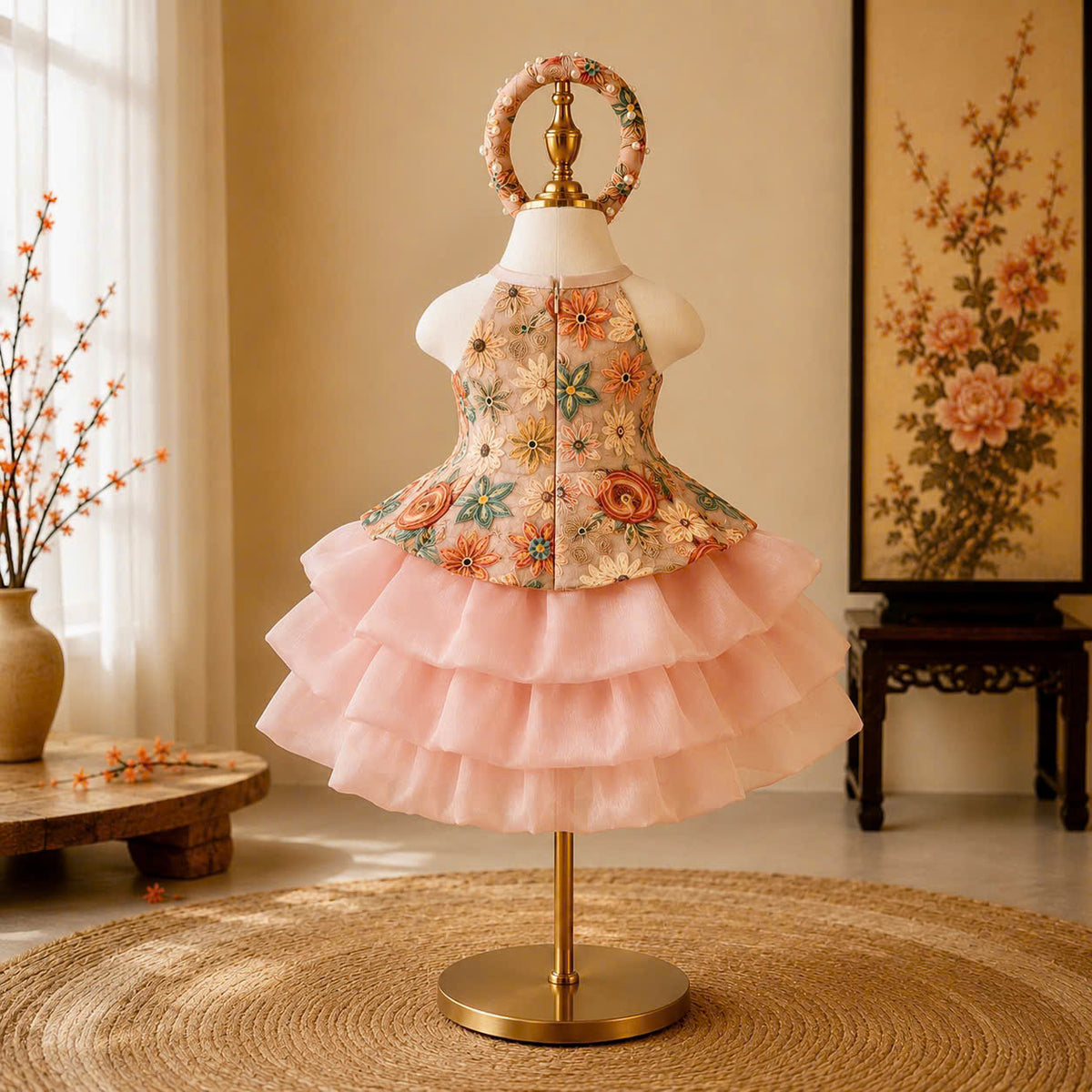 Vietnamese Yếm Halter Top & Skirt Set – Golden Blossom & Pastel Petal Blossom (1–6 Years) | Traditional Festival Outfit for Girls | Matching Floral Pearl Detail Soft Mấn Included