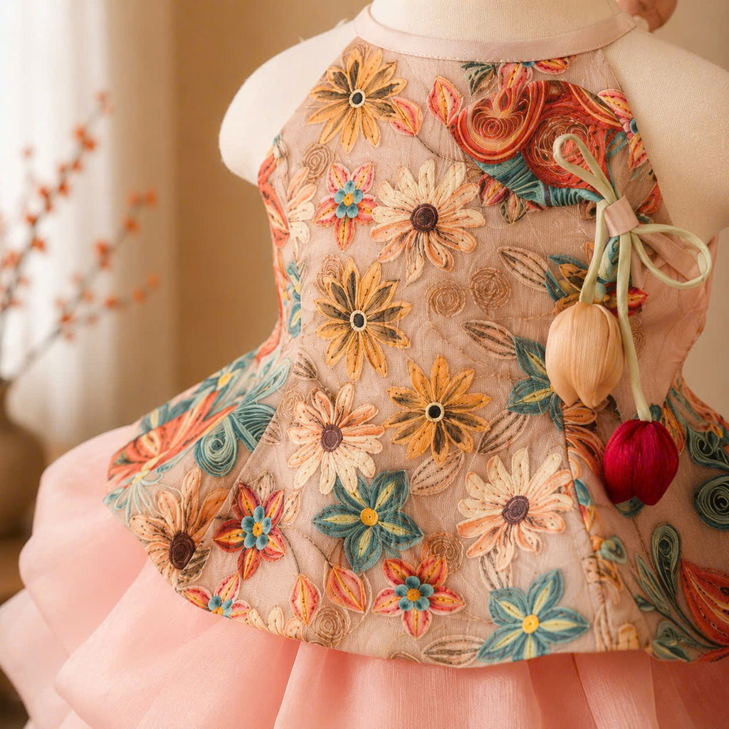 Vietnamese Yếm Halter Top & Skirt Set – Golden Blossom & Pastel Petal Blossom (1–6 Years) | Traditional Festival Outfit for Girls | Matching Floral Pearl Detail Soft Mấn Included