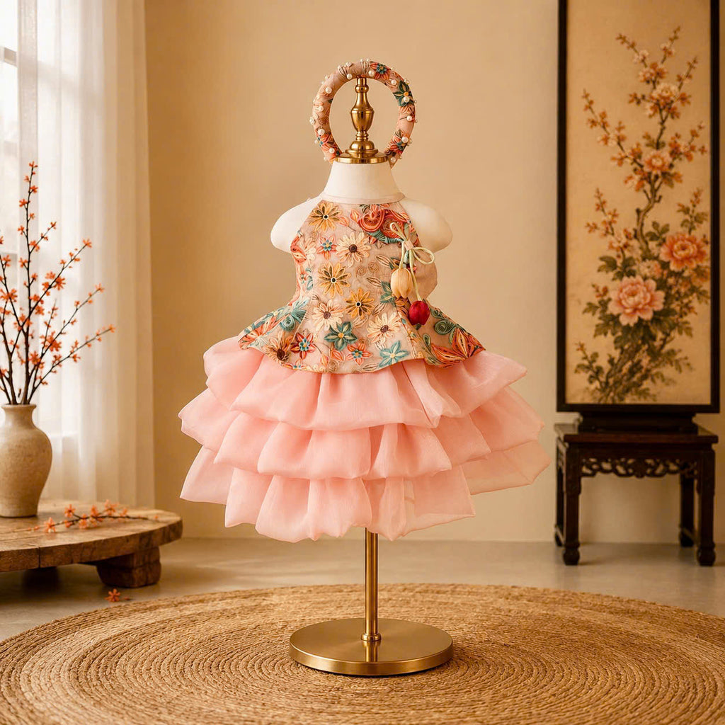 Vietnamese Yếm Halter Top & Skirt Set – Golden Blossom & Pastel Petal Blossom (1–6 Years) | Traditional Festival Outfit for Girls | Matching Floral Pearl Detail Soft Mấn Included