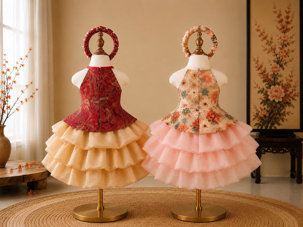 Vietnamese Yếm Halter Top & Skirt Set – Golden Blossom & Pastel Petal Blossom (1–6 Years) | Traditional Festival Outfit for Girls | Matching Floral Pearl Detail Soft Mấn Included