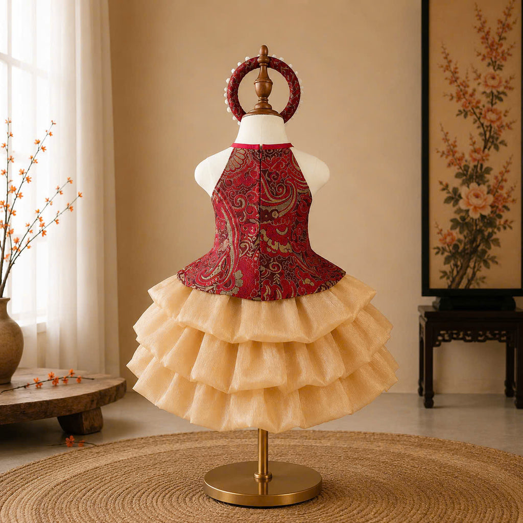 Vietnamese Yếm Halter Top & Skirt Set – Golden Blossom & Pastel Petal Blossom (1–6 Years) | Traditional Festival Outfit for Girls | Matching Floral Pearl Detail Soft Mấn Included
