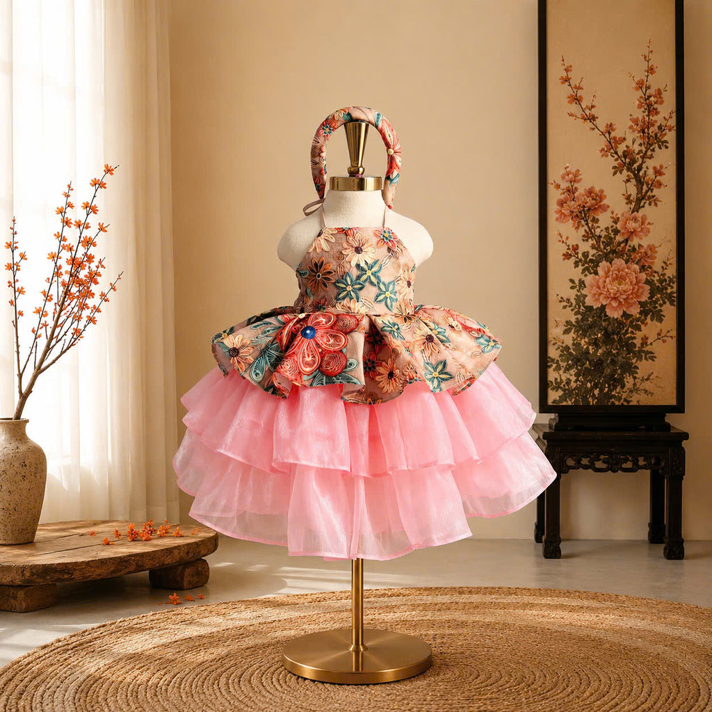 Vietnamese Yếm Halter Dress – Rosy Charm Blossom (1–6 Years) | Traditional Festival Dress for Girls | Matching Soft Mấn Included