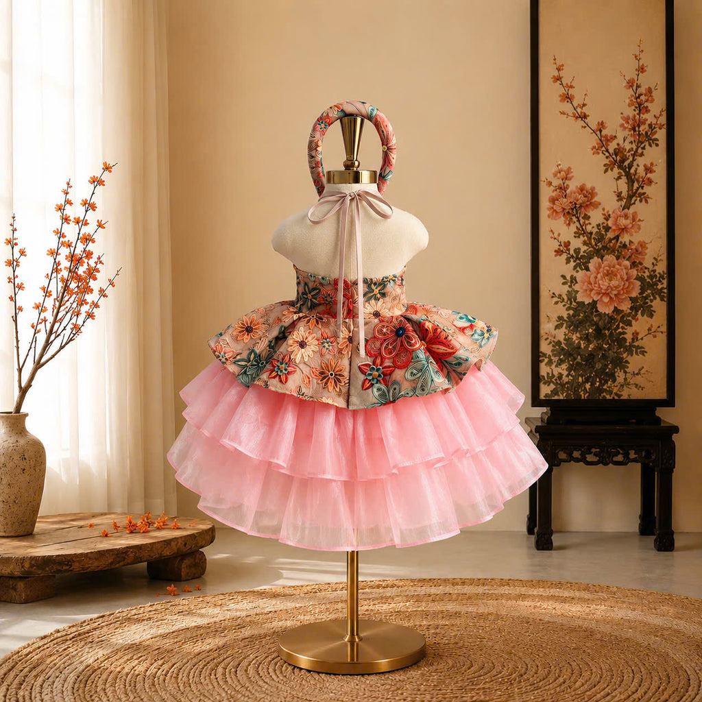 Vietnamese Yếm Halter Dress – Rosy Charm Blossom (1–6 Years) | Traditional Festival Dress for Girls | Matching Soft Mấn Included