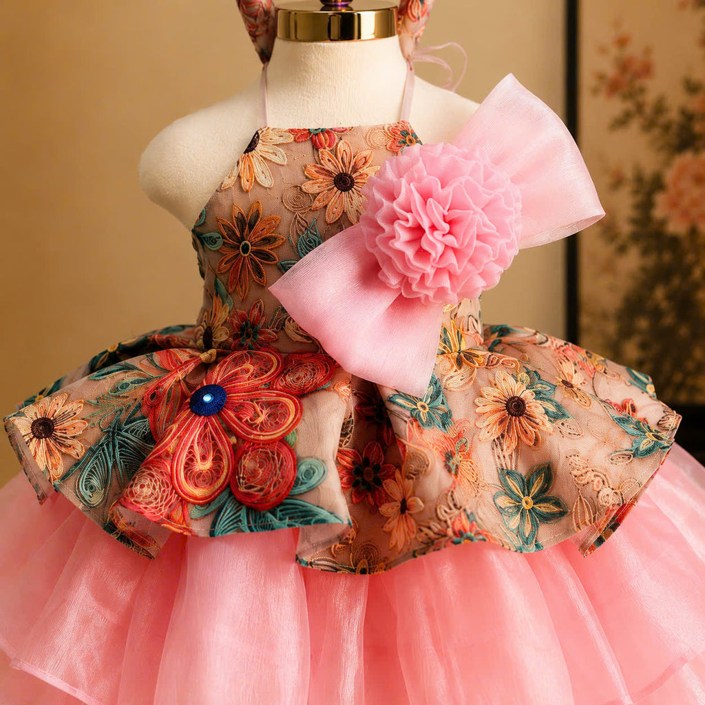 Vietnamese Yếm Halter Dress – Rosy Charm Blossom (1–6 Years) | Traditional Festival Dress for Girls | Matching Soft Mấn Included