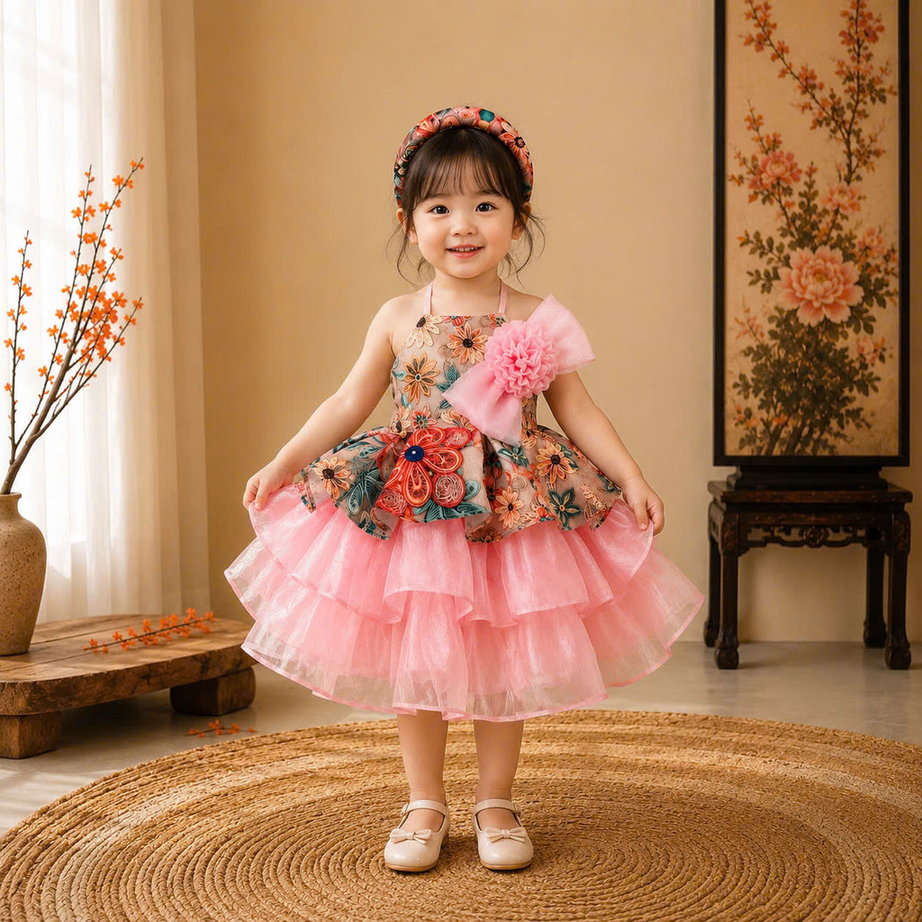 Vietnamese Yếm Halter Dress – Rosy Charm Blossom (1–6 Years) | Traditional Festival Dress for Girls | Matching Soft Mấn Included