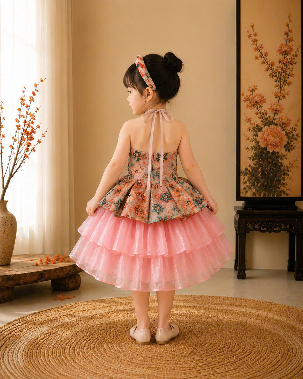 Vietnamese Yếm Halter Dress – Rosy Charm Blossom (1–6 Years) | Traditional Festival Dress for Girls | Matching Soft Mấn Included