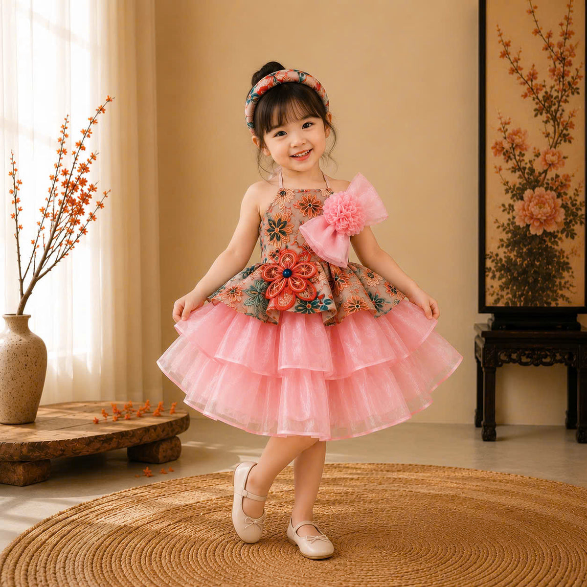 Vietnamese Yếm Halter Dress – Rosy Charm Blossom (1–6 Years) | Traditional Festival Dress for Girls | Matching Soft Mấn Included