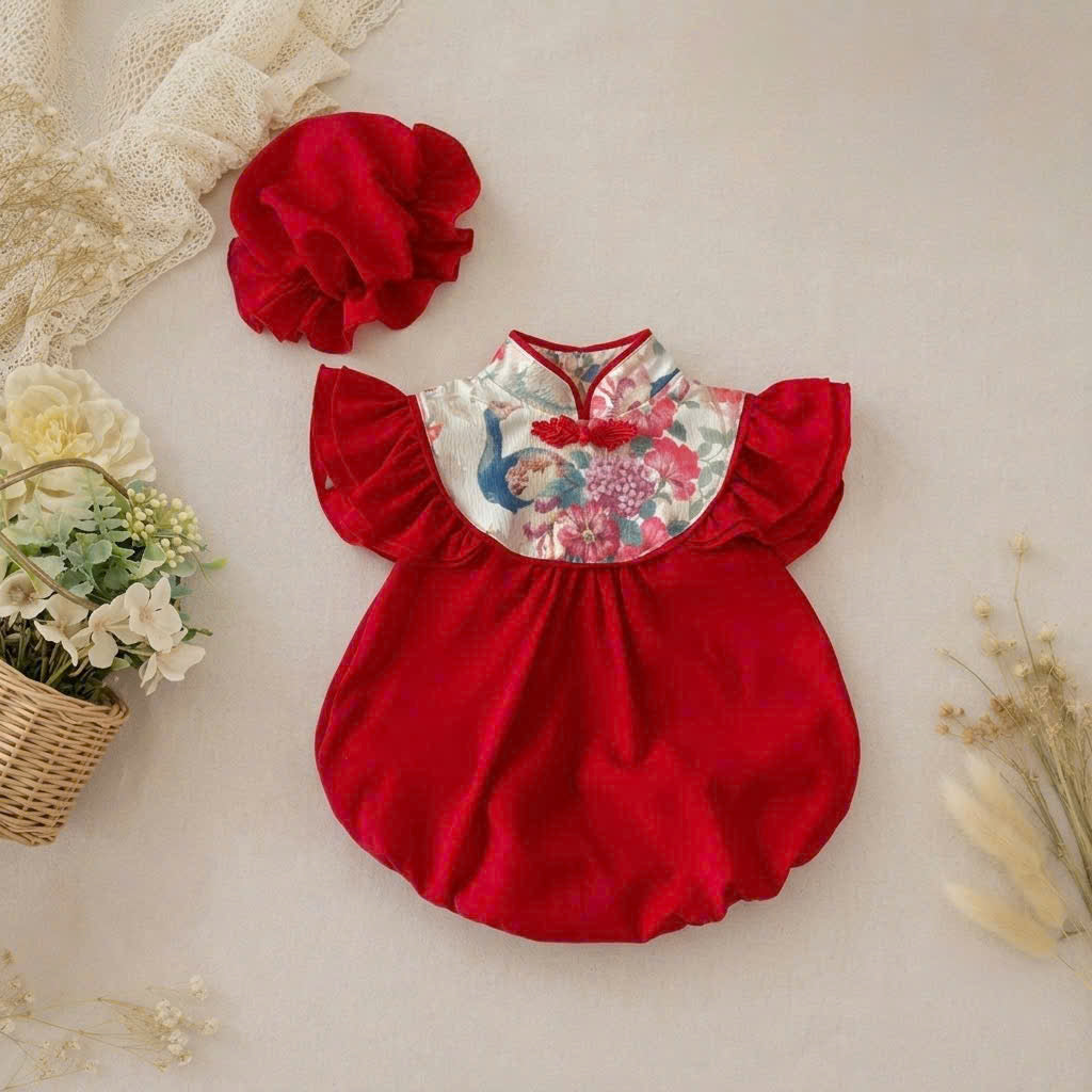 Cheongsam Romper – Red Peacock Newborn–2Years | Traditional Baby Romper for Lunar New Year & Tết | Chinese Baby Outfit