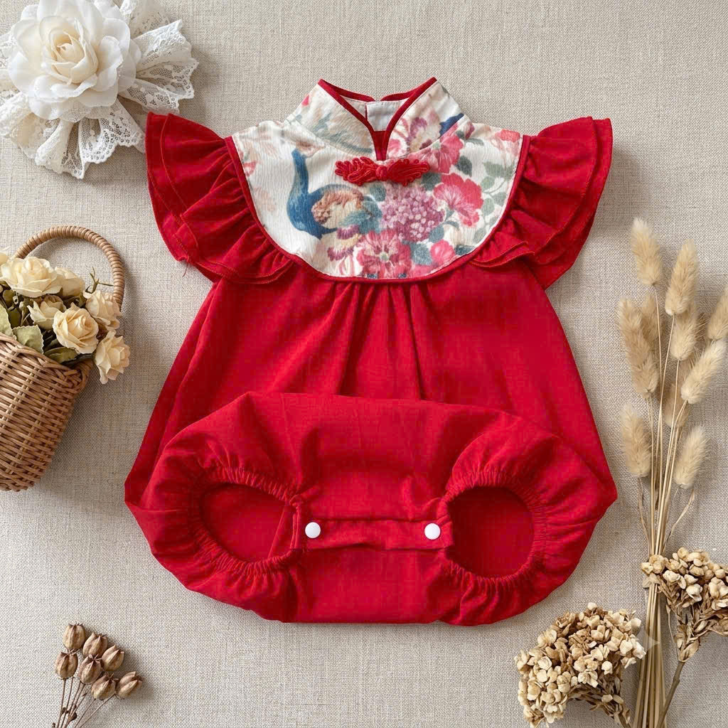 Cheongsam Romper – Red Peacock Newborn–2Years | Traditional Baby Romper for Lunar New Year & Tết | Chinese Baby Outfit