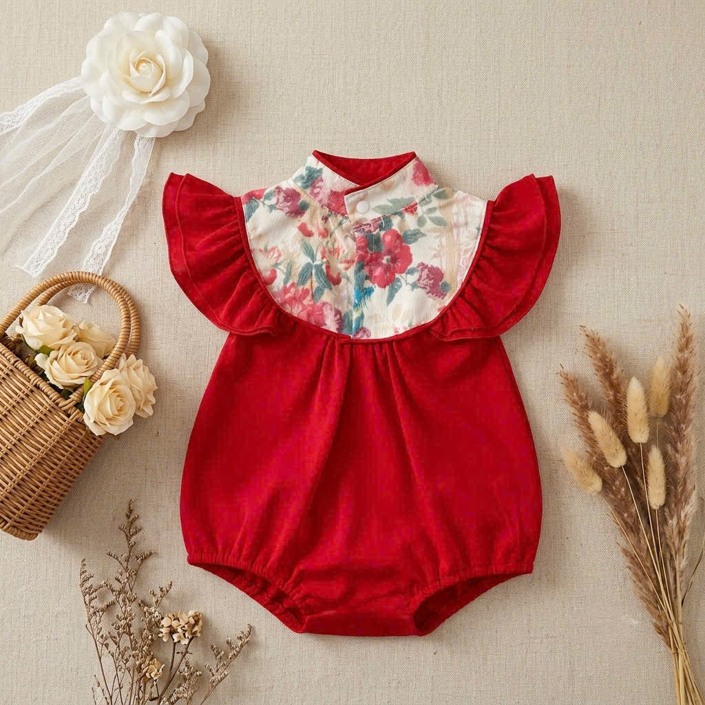 Cheongsam Romper – Red Peacock Newborn–2Years | Traditional Baby Romper for Lunar New Year & Tết | Chinese Baby Outfit